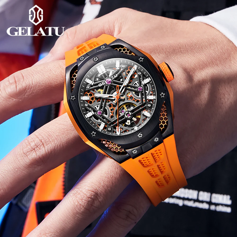 GELATU 6008 Skeleton Hollow Out Watch for Men 5ATM Waterproof Top Luxury Original Automatic Mechanical Watches Mens Reloj Hombre