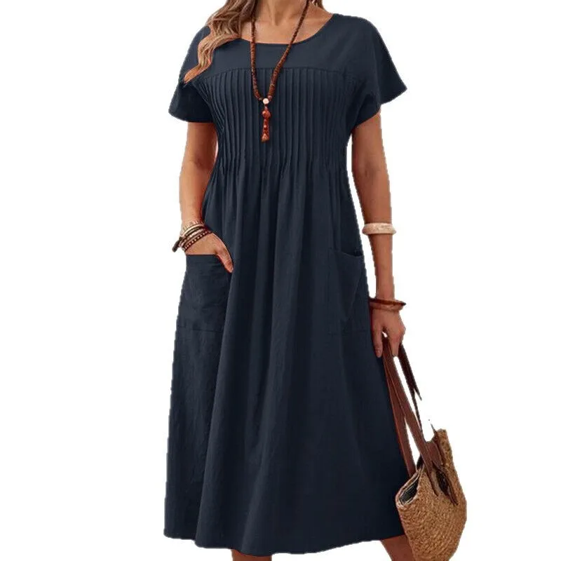 Summer Women's O-neck Dress Short Sleeves Pleated Pockets Cotton-linen Blend Retro Simple Midi Skirt