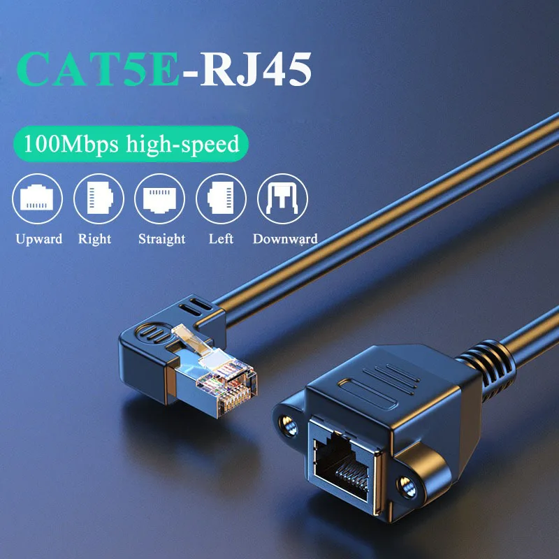 CAT5E Network Cable RJ45 Male to Female Elbow Extension Line w Screw Holes Fixed Cat5 Network Wire with Ears Up Down Left Right