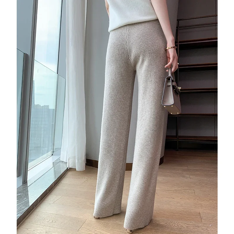 2023 New Autumn Winter Women 100% Wool Elasticity Pants Soft Waxy Comfortable High-Waist Knitted Female Cashmere Wide Leg Pant