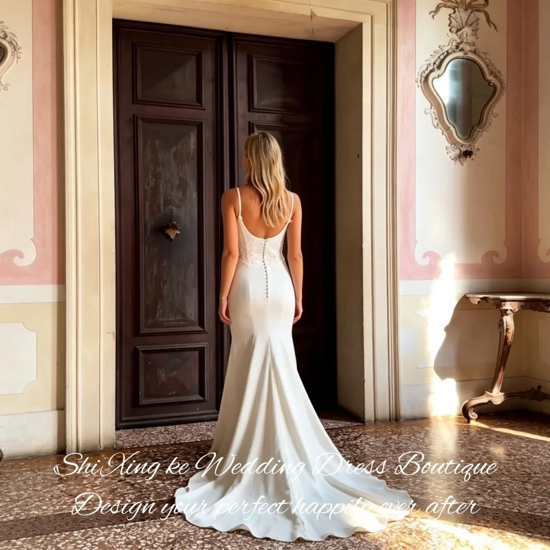 Square Neck Open Back Mermaid Wedding Dress Button Detail Satin Bridal Gown Vestidos de Novia Customized