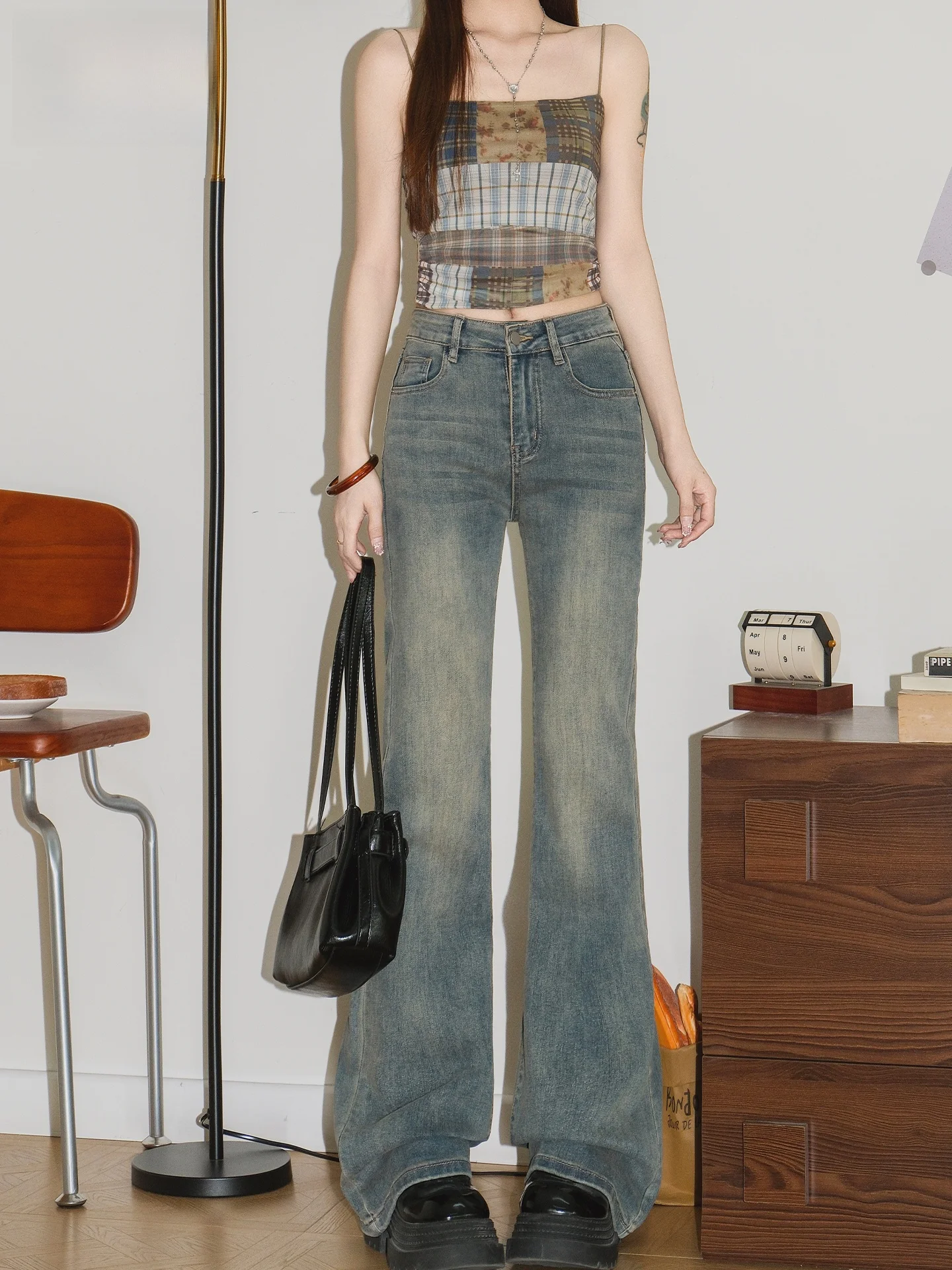 

Женские джинсы-клеш с высокой талией, весна 2026, новый стиль, ретро, стройнящие, длинные брюки, американский стиль, повседневные, хлопок, полиэстер