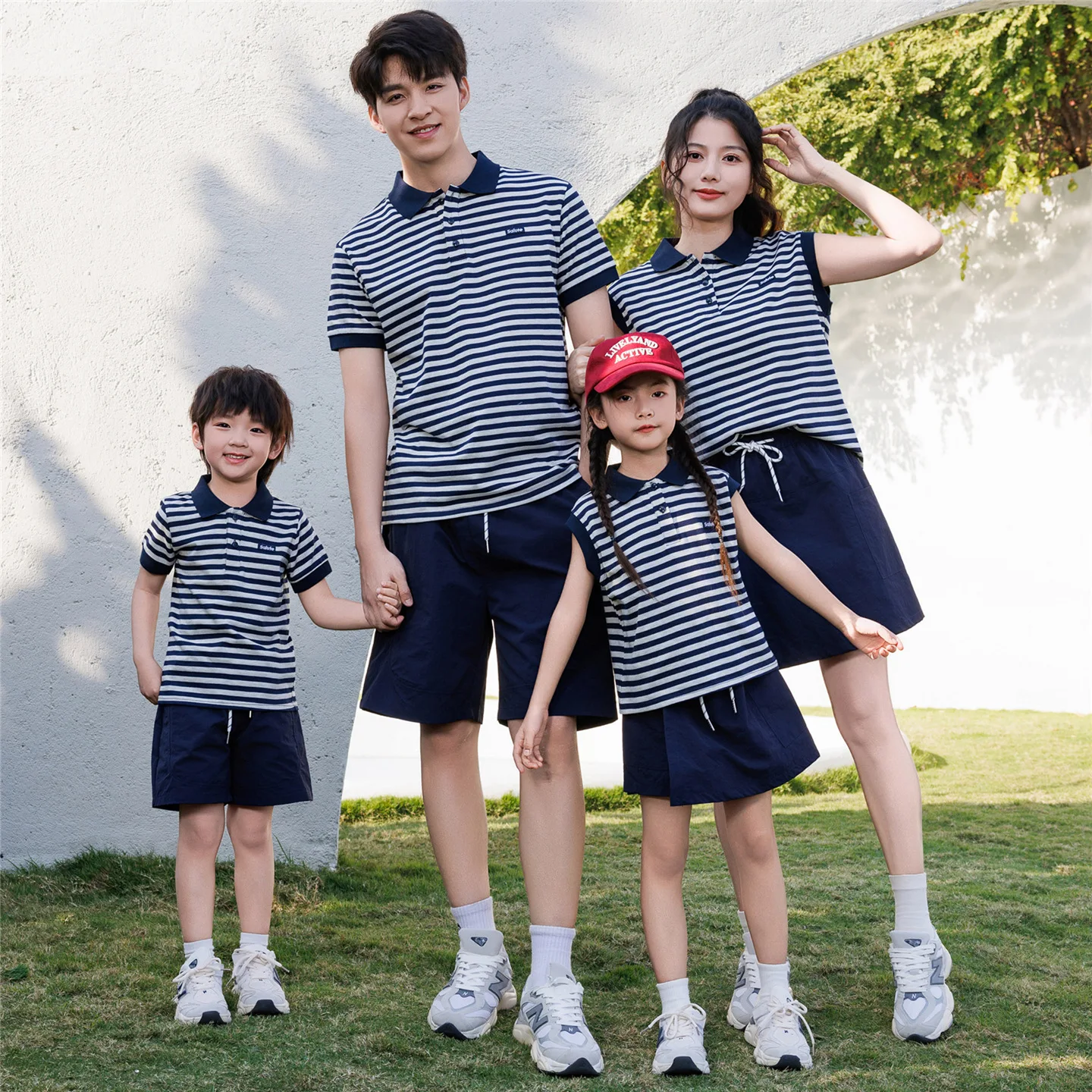 

2026 Summer Family Matching Outfits Striped Polo Shirt & Skirt/Shorts Set Casual Preppy Family Wear for Mom Dad Kids Soft Cotton