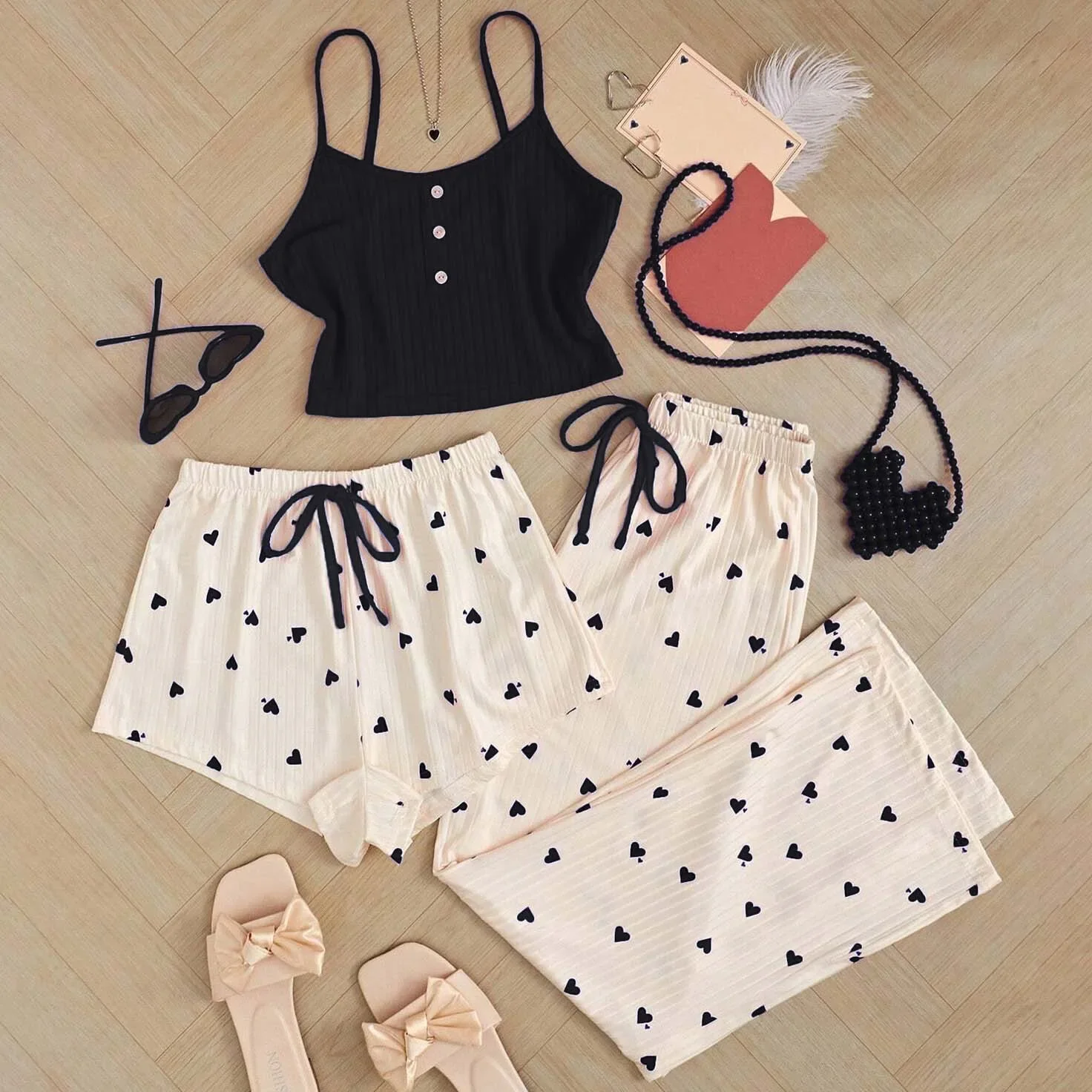 

New Women's love pajamas sweet and cute three piece set for spring and summer high-end suspender shorts set sexy home clothes