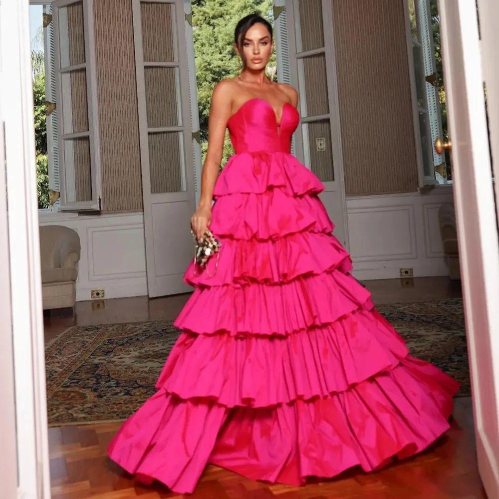 Customized Fuchsia Taffeta Prom Dresses with Tiered Ruffles Sweetheart A-Line Evening Gowns Pleated Ruched Formal Party Dress