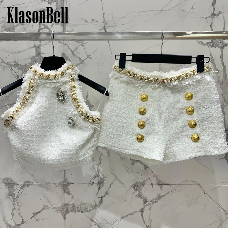 

10.27 KlasonBell Elegant Fashion Tweed Chain Diamonds Beasding Tank Top Or Gold Button Decoration Shorts Set