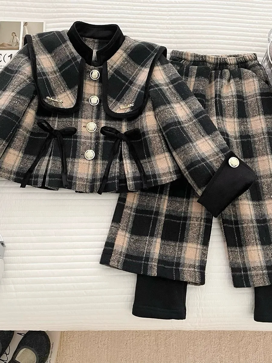 

Зимний модный удобный клетчатый кукольный воротник для девочек, тюре, комплект Briti Sle, повседневная спортивная одежда, хлопковая длинная све