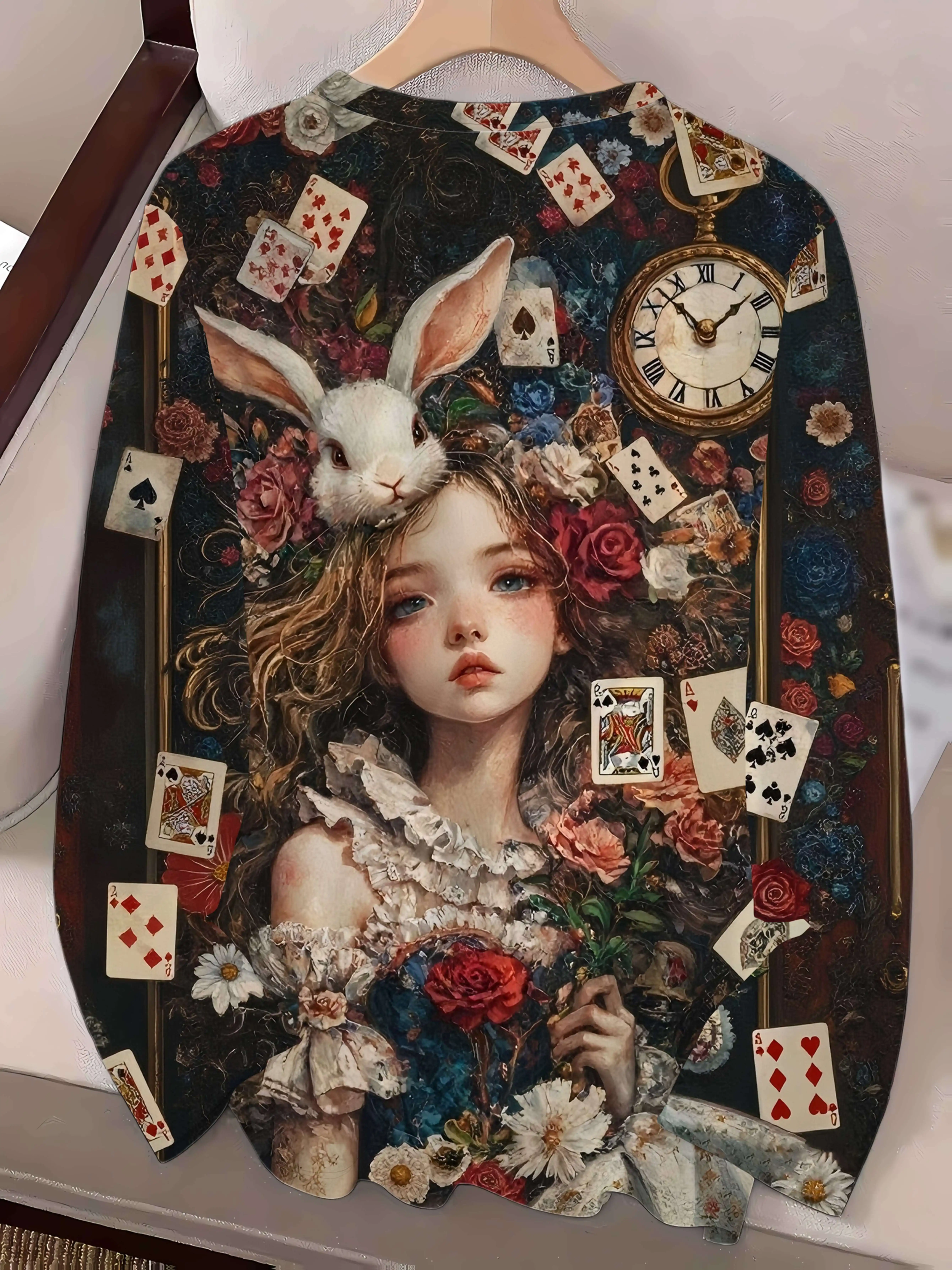 Women's Long Sleeve T-Shirt, Alice In Wonderland Girl With White Rabbit Roses And Playing Cards Print, All-Winter Holiday Style Top Suitable For Leisure And Sports Scenarios