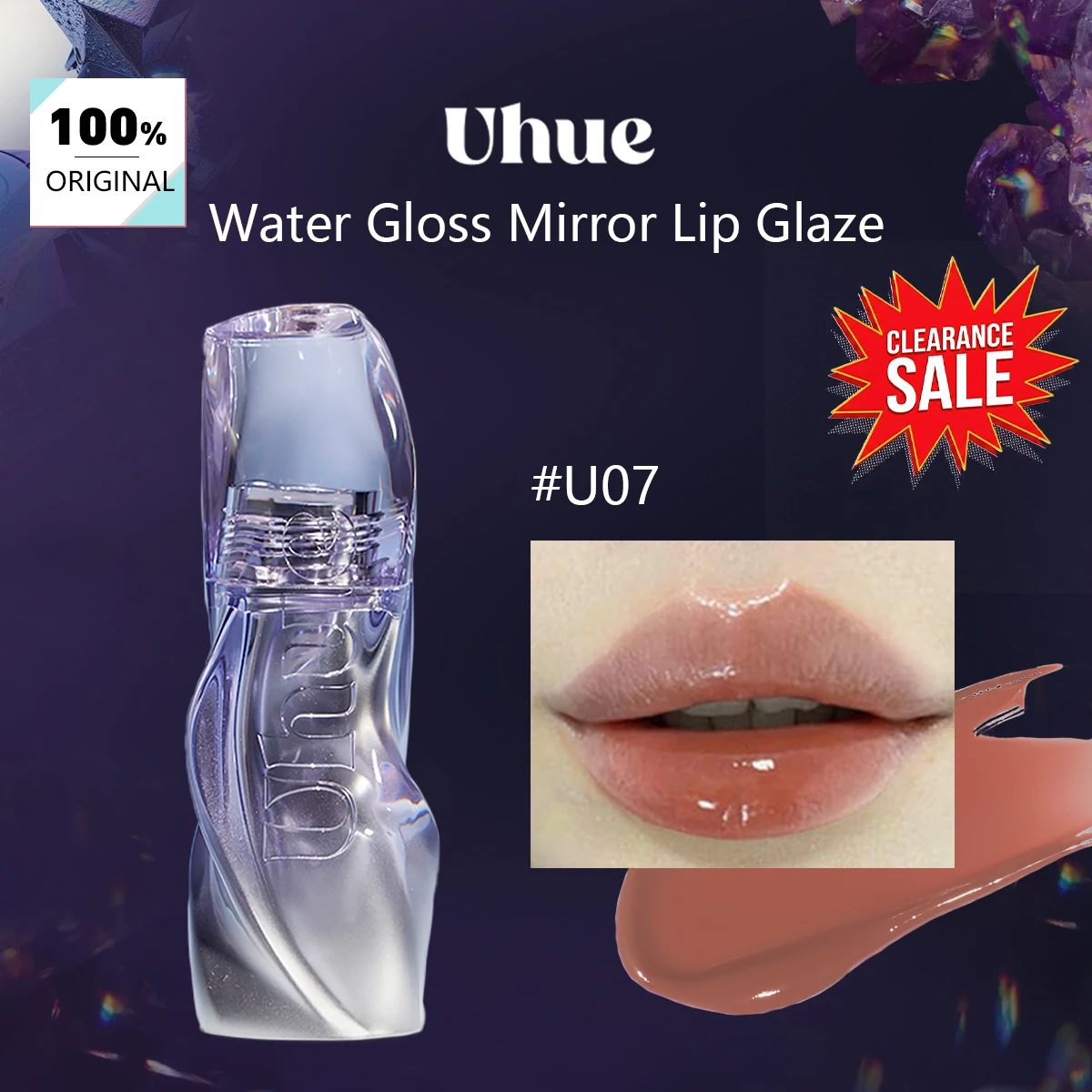 [ClearanceSale] Uhue Water Gloss Mirror Lip Glaze U07,Glassy Finish,Lightweight Feel,Non Sticky Gloss,Smooth Application