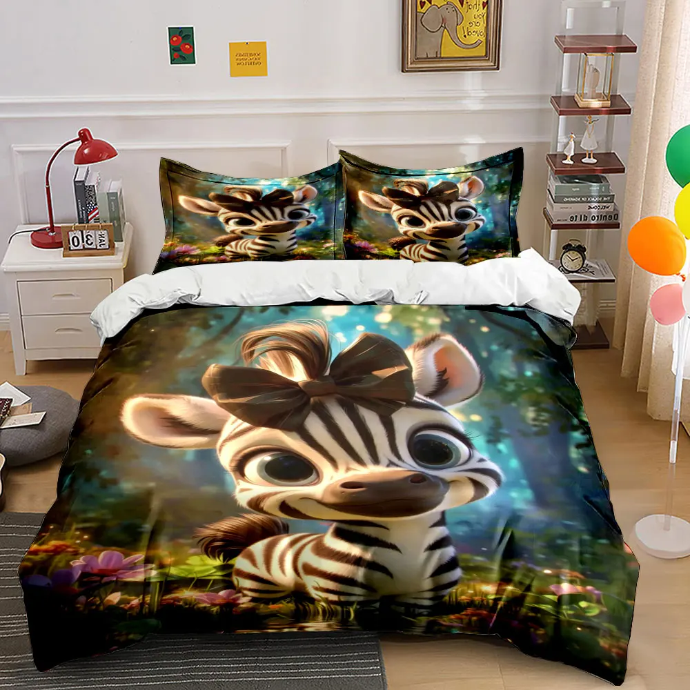 Adorable zebra with bow in forest Bedding Set for Kids Luxury Gift 3pcs Digital Print Comforter Set Soft Comfortable Breathable