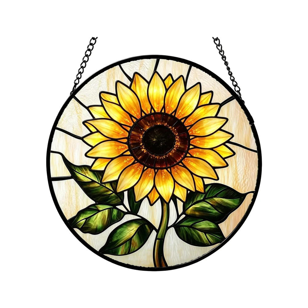 Sunflower Pattern Stained Glass Window Hanging Refraction Decor and Artistic Room Accent Without Frames or Mounts