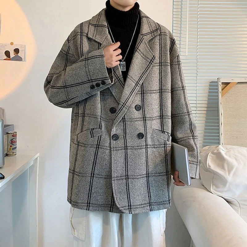 

Warm British Style Men's Coat Autumn Winter Checkered Tweed Double Breasted Retro Oversize Trench