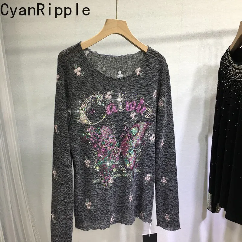 Trendy New Autumn Winter Silver Gray Stretch Long Sleeve Basic Shirt Elegant Ruffles Round Neck Butterfly Hot Diamonds T-shirts