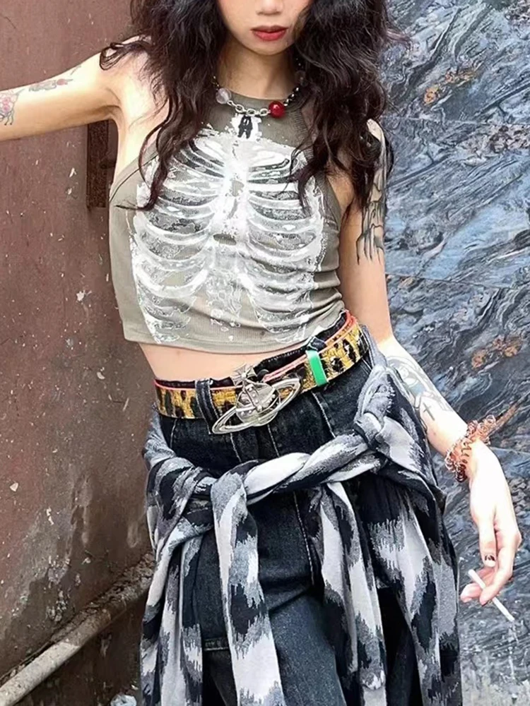 Sexy Y2K Streetwear Vintage Gothic X-ray Skeleton Print  One Shoulder Sleeve Crop Top Women Summer 90s Tank Top Harajuku Graphic