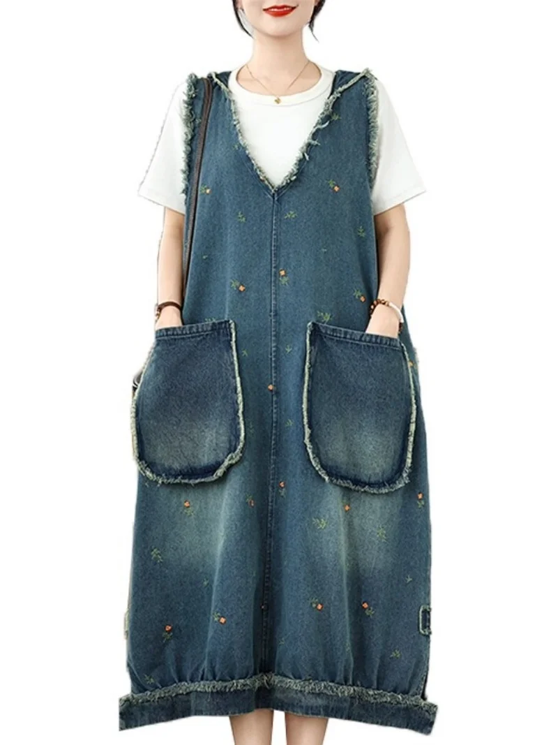 여성용 자수 데님 후드 베스트 드레스 2025 여름 빈티지 루즈핏 큰 포켓 스타일리쉬 오버사이즈 V넥 청 드레스 w269