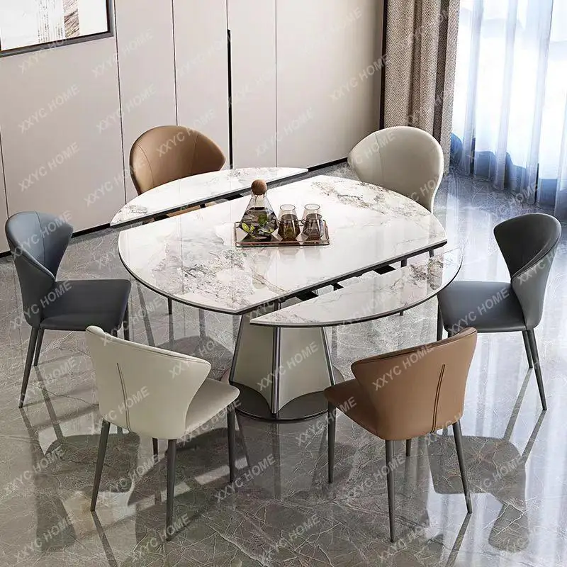 JJRotating multifunctional bright rock slab dining table and chair combination household small apartment