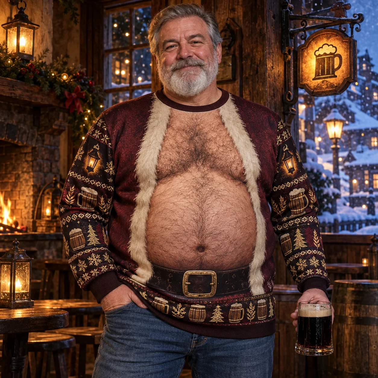 Dunkler Bier-Weihnachtsmann-Bauch, hässlicher Weihnachtspullover für Herren, 3D-Druck, Polyester, Rundhals-Sweatshirt, lustiger Weihnachtspullover für Partys – Detail 10