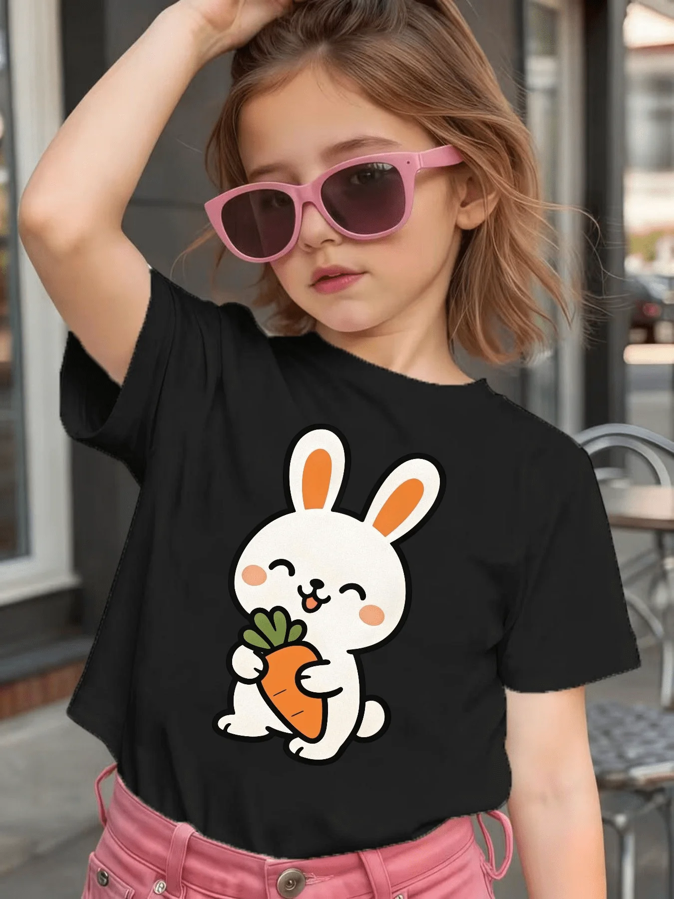 Rabbit Carrot Print Kids T Shirt Cotton Short Sleeve Boys Girls Tee Parent Child Matching Summer Soft Breathable Kids Daily Wear