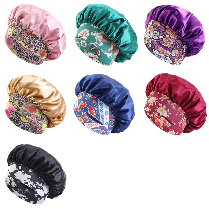 New Women\'s Satin Solid Sleeping Hat Night Sleep Hair Care Bonnet Nightcap Silky Shower Caps Comfortable Flower Band Unisex Cap