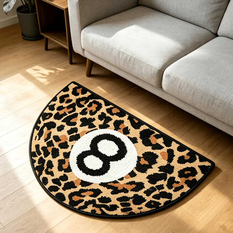 VIKAMA Fashion Leopard Print 8 Ball Decorative Doormat Semicircle Non Slip Floor Rug For Porch Entryway Bedroom Home Decor