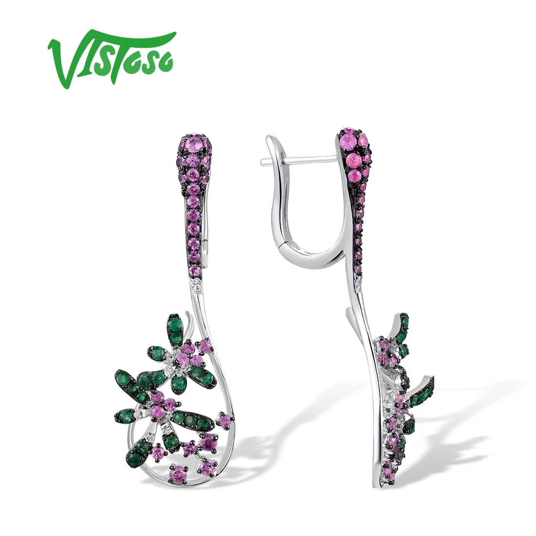 VISTOSO 14K 585 White Gold Earrings For Women Sparkling Pink Sapphire Emerald Diamonds Dragonfly Earrings Fashion Fine Jewelry