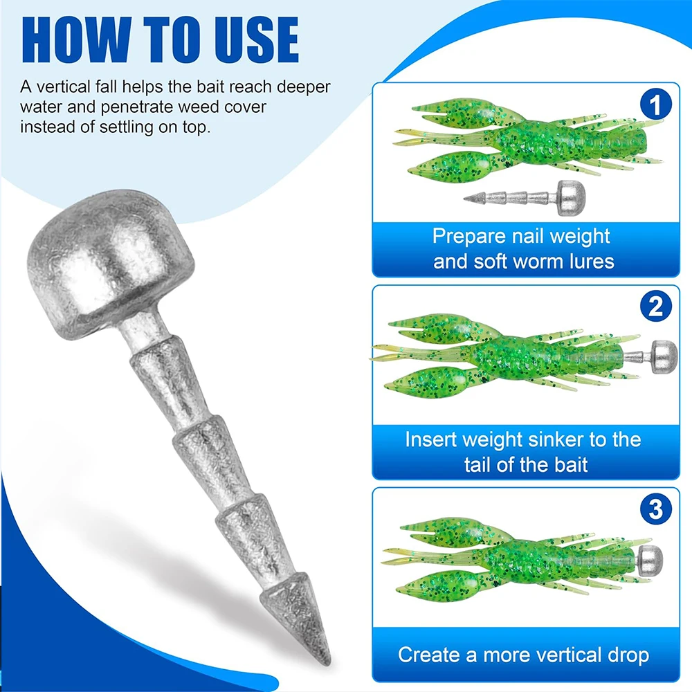 60Pcs Fishing Nail Weights Kit Neko Rig Weights Insert Pencil Nail Sinkers Fishing Weights for Bass Fishing Soft Plastic Lures view 4