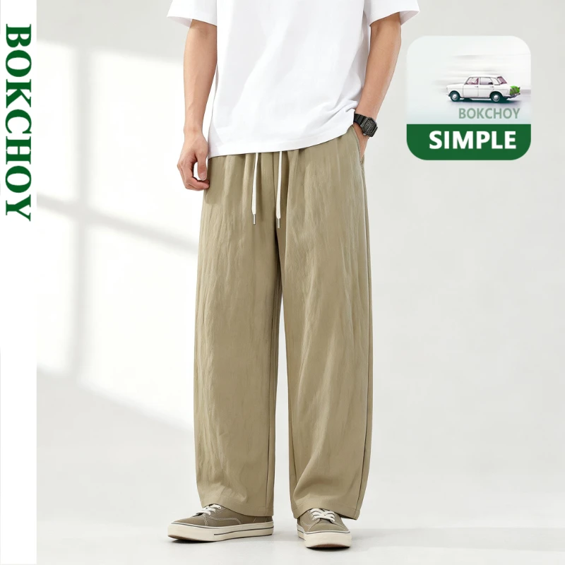 

2026 Spring Summer New Vintage Casual Straight Pants for Men Clothing Thin Comfort Drawstring Wrinkle-resistant Trousers LX6046