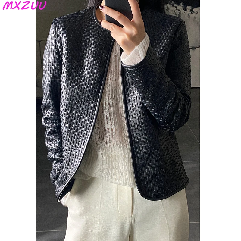 Genuine Leather Jacket Women Autumn 2024 Stylish Vintage Hand-Woven Sheepskin Chaqueta Mujer O-Neck Cardigan Plaid Coat Outwear