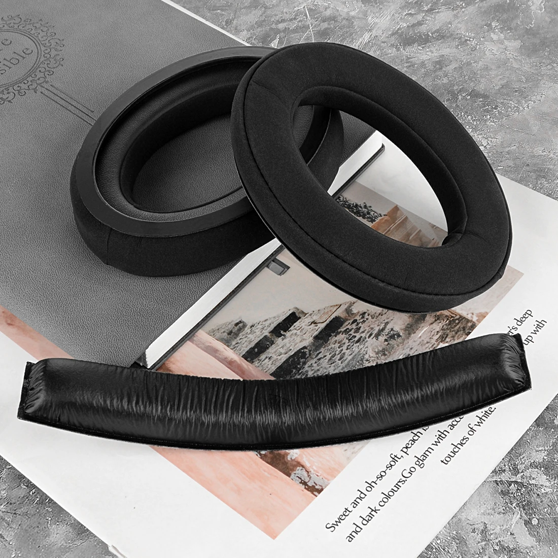 وسادات أذن Geekria Lamy Velor + وسادة عصابة رأس جلدية متوافقة مع سماعات الرأس Sennheiser HD380 PRO، HD380، PC350، Game Zero