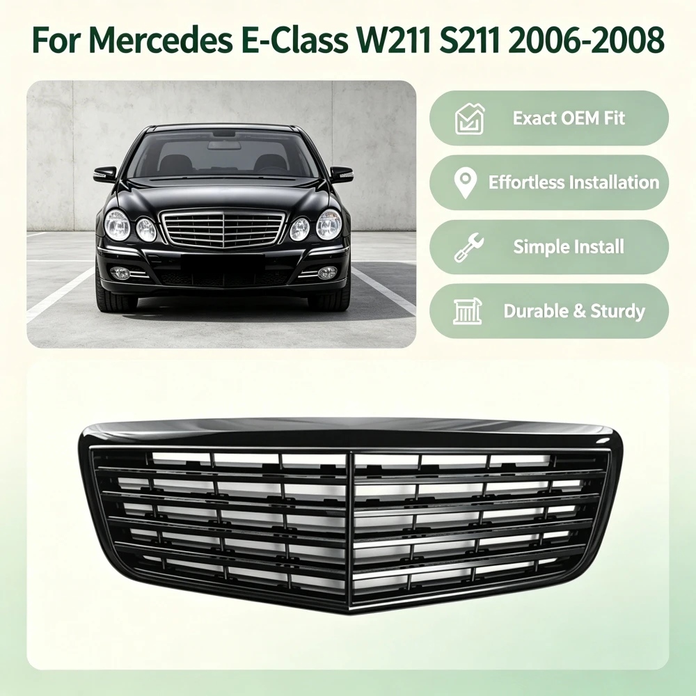Für Mercedes-Benz E-Klasse W211 W211 S211 2006-2008 Hochwertige ABS Auto-Frontstoßstange Renngrills Hochglanz Schwarz