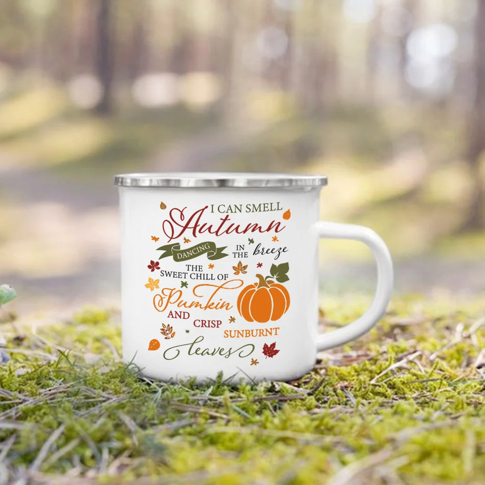 Just A Girl Who Love Fall Printed Creative Enamel Mugs Coffee Cups Holiday Party Wine Juice Handle Mug Best Thanksgiving Gifts