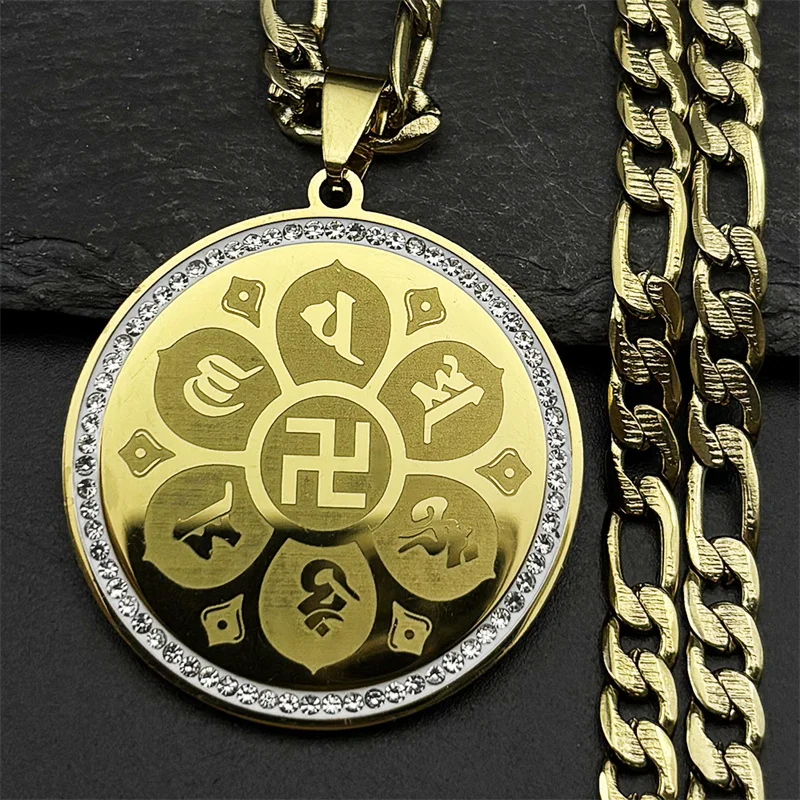 

Stainless Steel Six-Character Mantra Buddhist Swastika Symbol Rhinestones Pendant Necklace For Men Women Religious Jewelry Gift