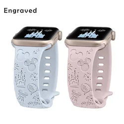 Silicone Bracelet For Mickey Disney Engraved Floral For Apple Watch Band 46mm 42mm 44mm 40mm 38mm Cute iWatch Series 10/9/8/7/6