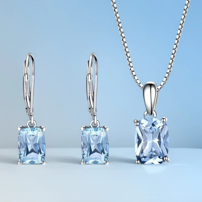100% 925 Sterling Silver  Earrings Sets  for Women High Quality Gemstone Simple Blue Original Wedding Party Fashion Jewelry Gift
