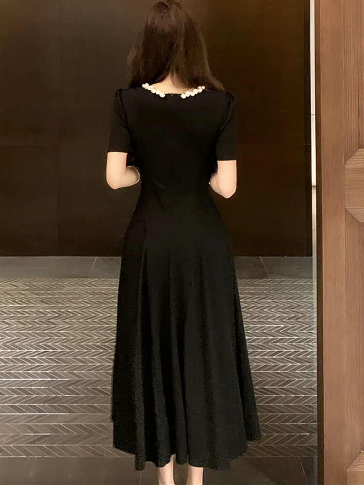 2025 Zwarte Korte Mouw Kralen O-hals Lange Jurk Vrouwen Vintage Hepburn Luxe Avondjurk Zomer Elegante Bodycon Feestjurk