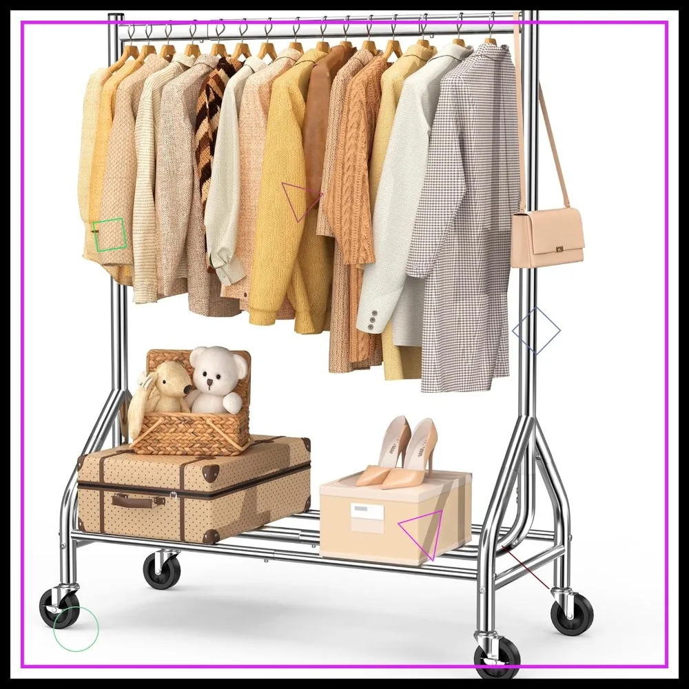 

Heavy Duty Rolling Garment Rack with Lockable Wheels, Supports 420 LBS, Includes Shelves for Sturdy Clothes Storage in Silver
