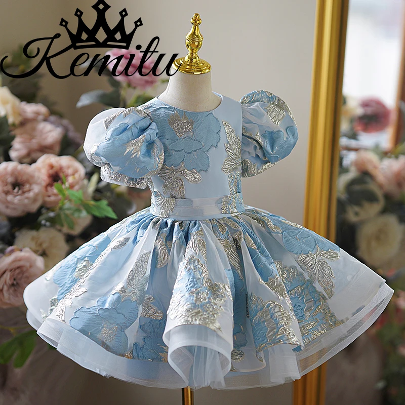 Robe en dentelle brodée florale bleu ciel pour tout-petits, robes de demoiselle d'honneur, manches bouffantes, longueur au genou, jolie fille, anniversaire, fête de mariage