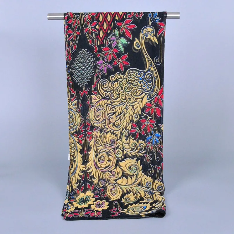 New Spring Autumn Thin Printed Chiffon Scarf, Popular Peacock Flower Women's Small Long Scarf, Boutique Quality XQ98