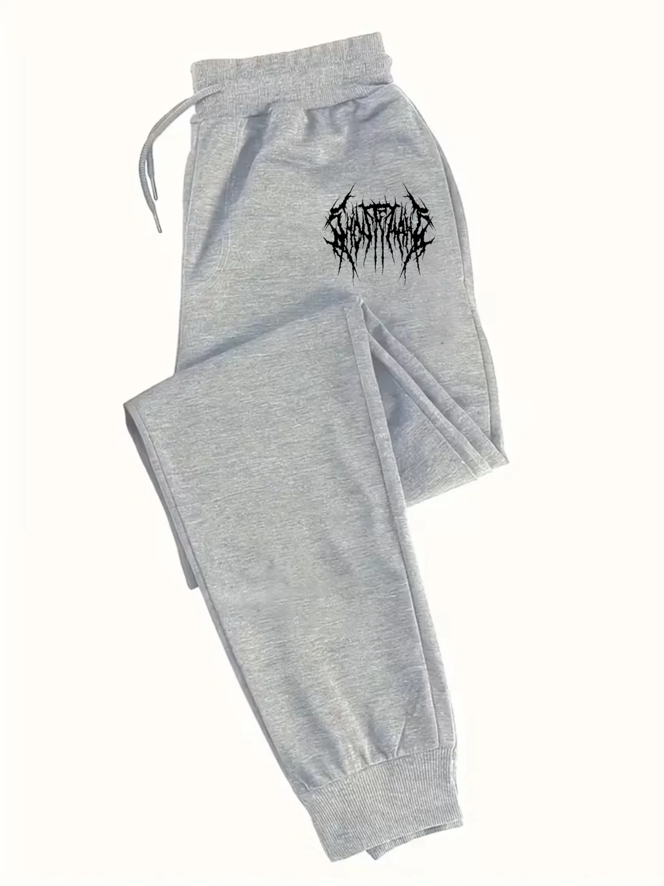 Rock‑vibe‑trend sharp brutal metal font graphic art print street‑style dual‑side sweatpants men hip hop sports jogger trousers