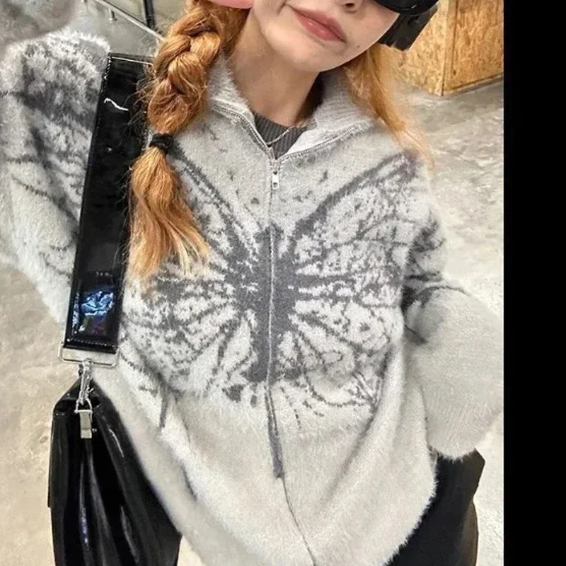 

2025 Autumn Harajuku Women Zipper Japanese Cardigan Loose Y2k Gray Vintage Butterfly Turtleneck Fashion Sweater Loose Kintwear
