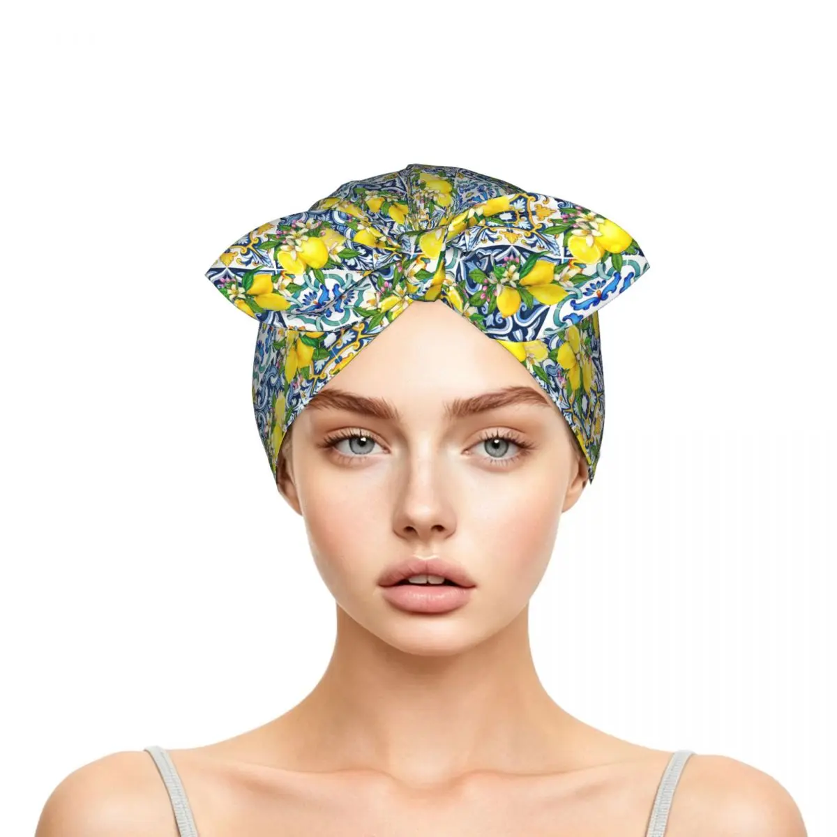 Bright Mediterranean Sicilian Tiles With Citrus Lemons Sleep Bonnet Double Layer Adjustable Bow Hair Cap for Curly Braids Hair