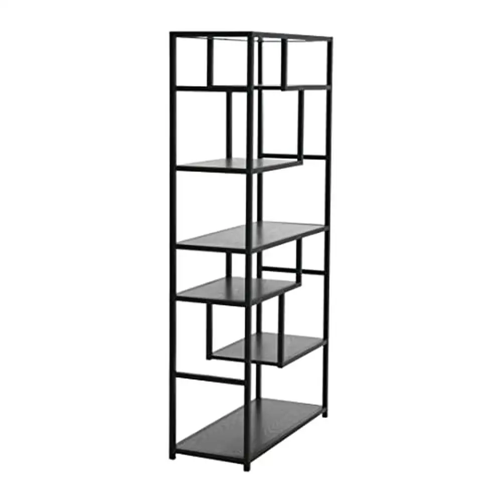 Estante geométrica carvalho preto, leve durável Metal Frame, prateleiras em camadas, estilo industrial rack de armazenamento, escritório e estar, 6-Tier