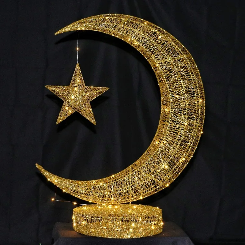 Star and Moon Set with Base, Wrought Iron Flash Glitter Decor, Christmas Celestial Hanging Ornament