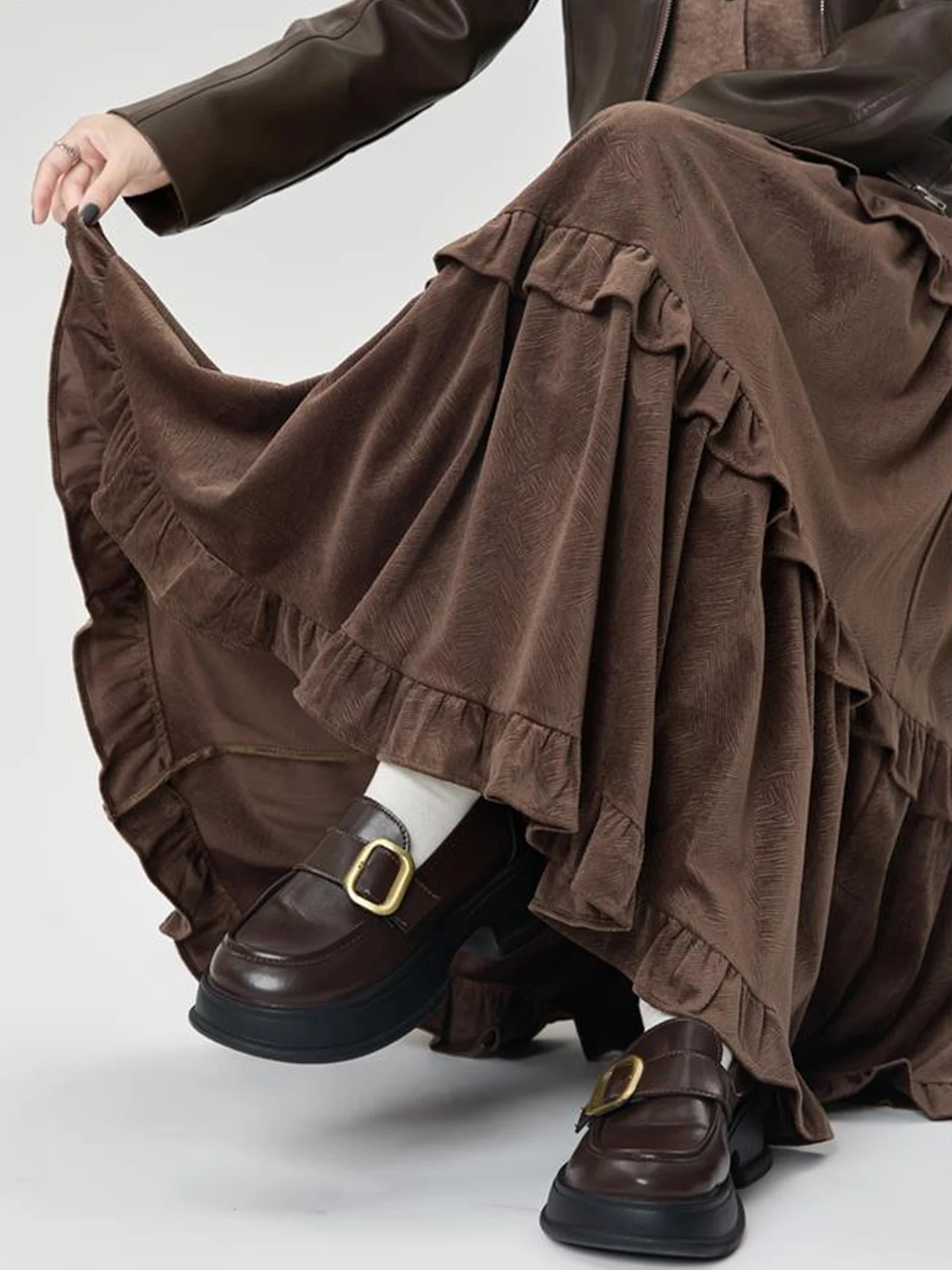 Karamell Kuchen Design A-Linie f Rock Damen Herbst Winter Verdickter Holz Langer Schlankheits-Regenschirmrock