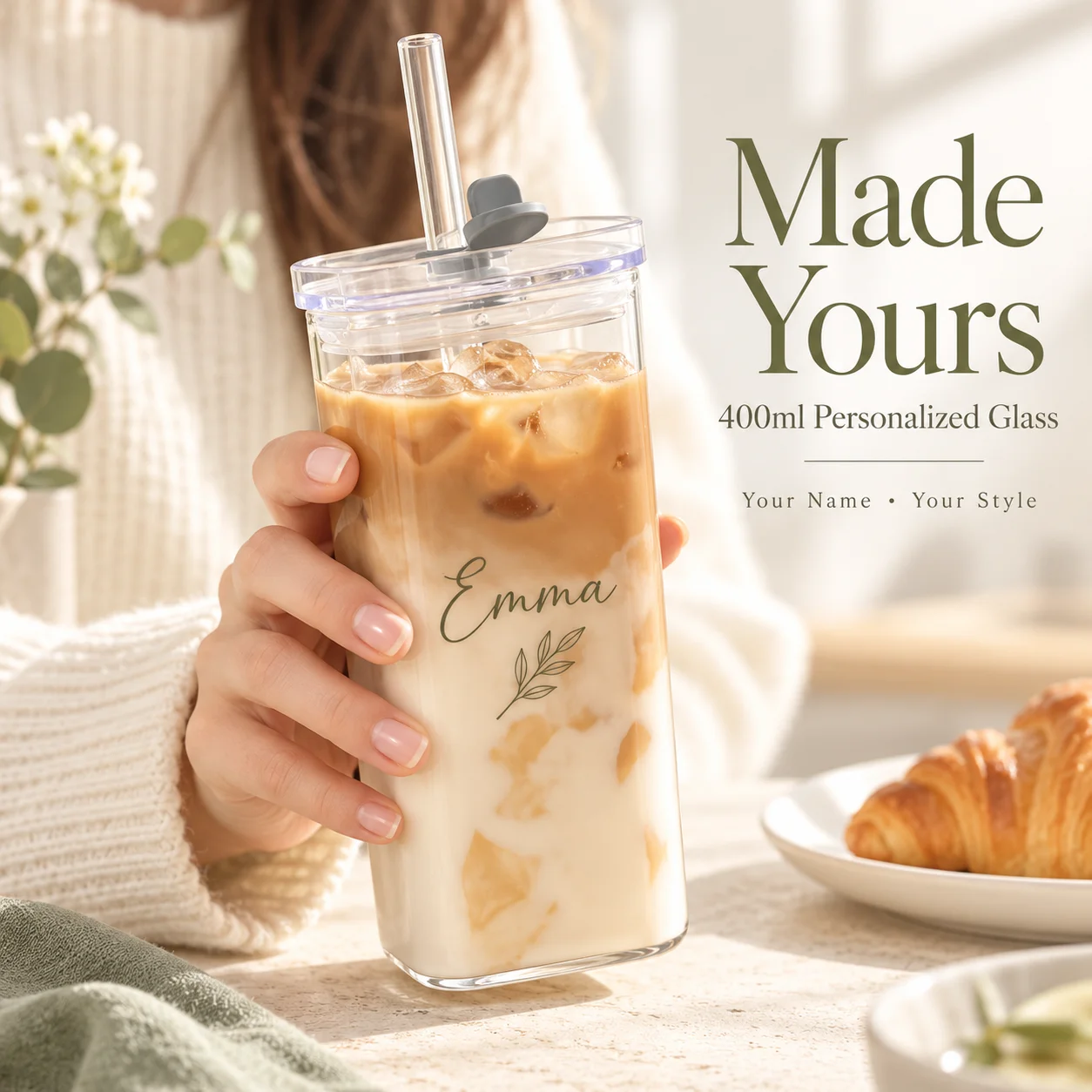 Custom Clear Square Glass Cup 400ml With Name Iced Coffee Matcha Tumbler For Home Cafe And Office Desk Personalized Gift For Her