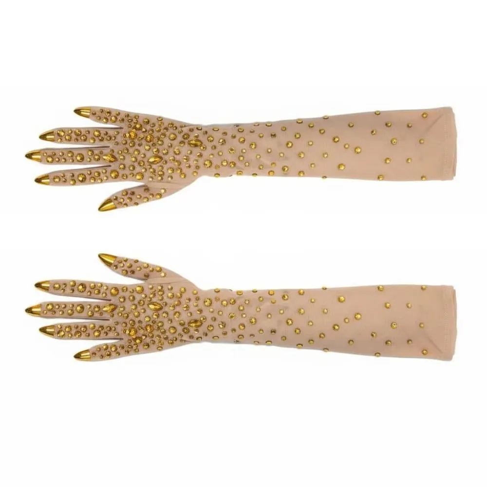 Elegant Sparkling Rhinestone Gloves Stretch Breathable Crystal Mesh Gloves Soft Full-Finger Long Wedding Mittens Stage Wear