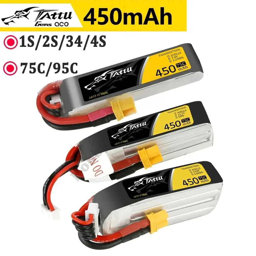 Ace Tattu Lipo Battery 7.4V 7.6V 450mAh 2S 3S 4S 75C with XT30 Plug Long Size RC Batteries for RC FPV Racing Drone