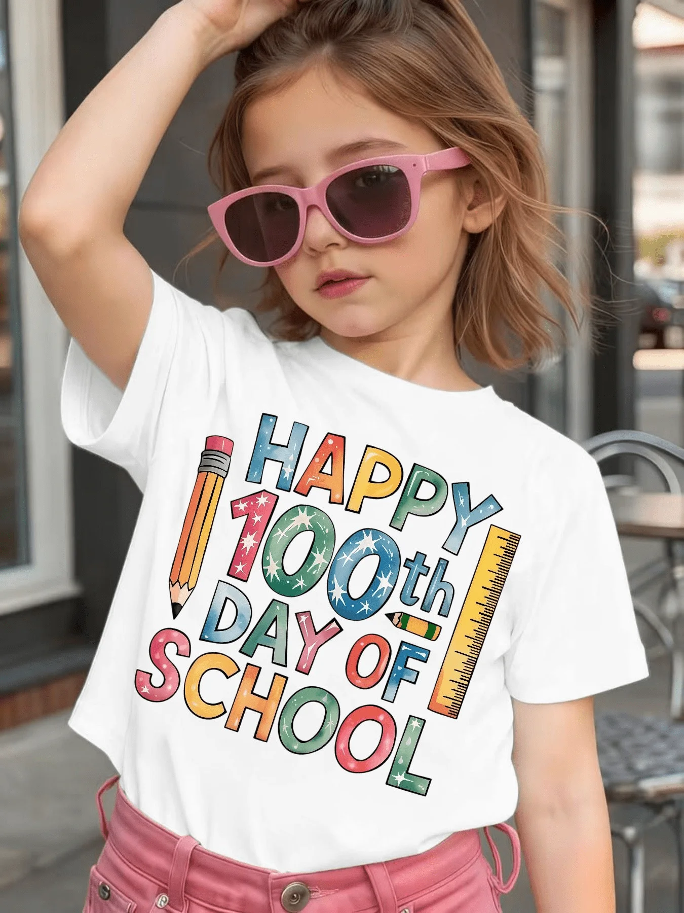 Sparkle Letter Pencil Ruler 100th School Day Print Kids T Shirt Boys Girls Family Short Sleeve Casual Tees For Toddler Kids