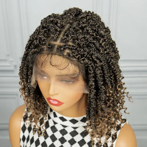 Imagen 2 del producto 1B-27 peluca trenzada de giro sintético corto para mujeres negras peluca de encaje trenzado Passion Twist sin nudos peluca de primavera con pelo de bebé