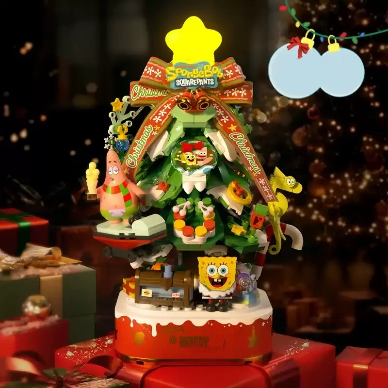 SpongeBob SquarePants Building Blocks Merry Christmas Tree Music Box Model Bricks with Lighting Desktop Decor Assembly Toys Gift